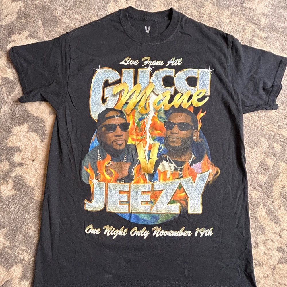 VLONE Black Graphic Tee with Gold and Orange Accents